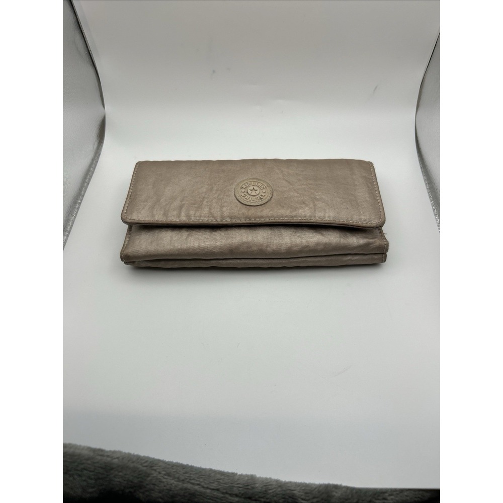 Kipling Metallic Taupe/Champagne Nylon Trifold Wallet with Logo Patch